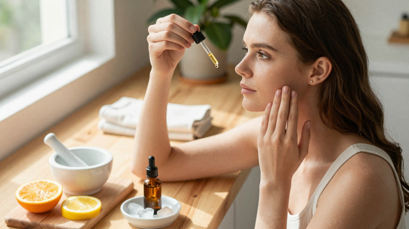 Mulher aplicando sérum facial com conta-gotas enquanto está sentada em mesa com frutas e utensílios.