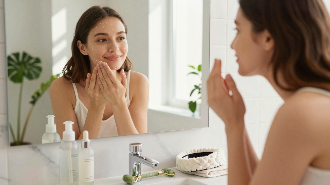 Mulher aplica creme no rosto em frente ao espelho no banheiro iluminado, com produtos de cuidados faciais na pia.