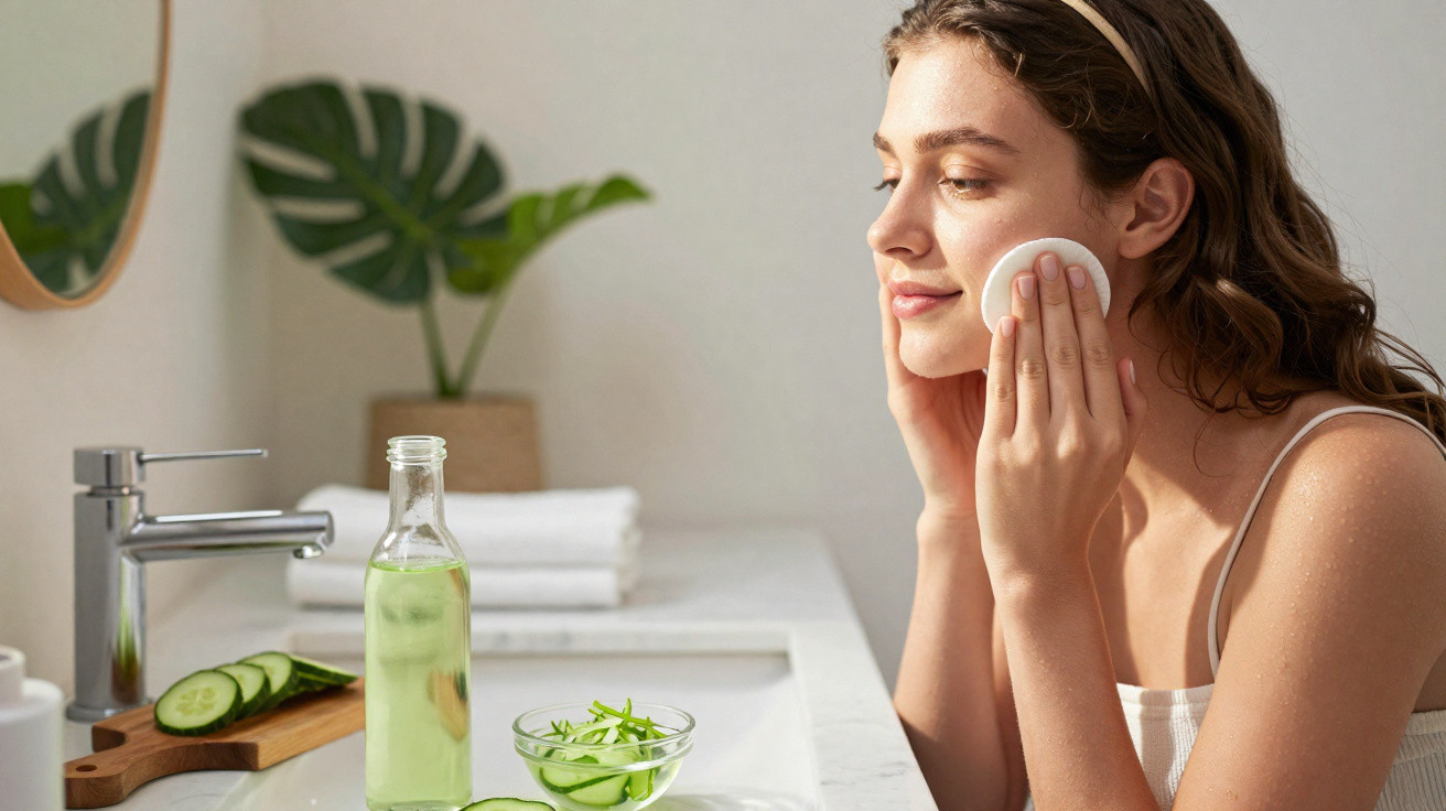 Mulher aplica produto facial com algodão em banheiro com planta, toalhas e pepino ao lado da pia.