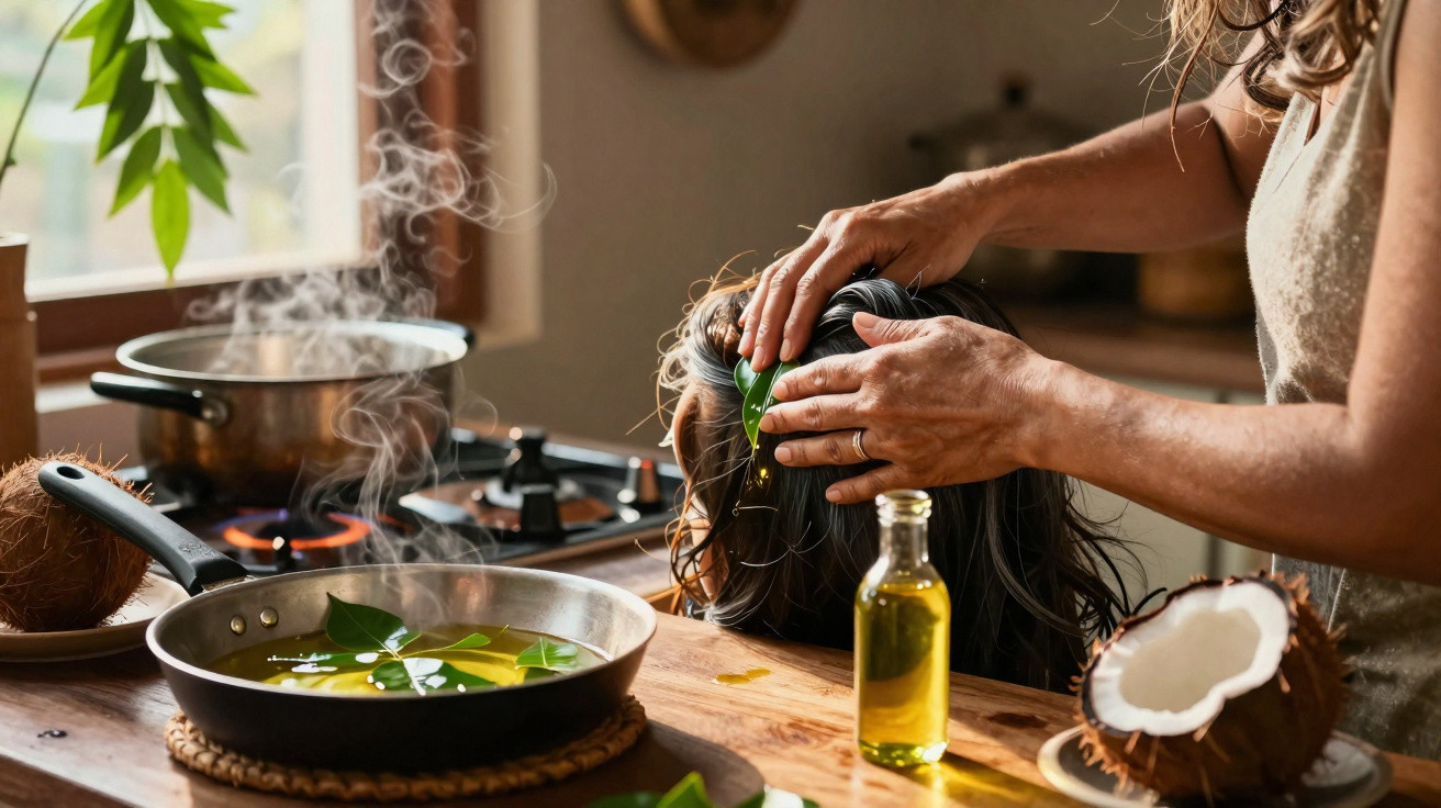 Pessoa aplicando óleo capilar com folhas naturais em cabelo molhado, ao lado de coco e panela com vapor.