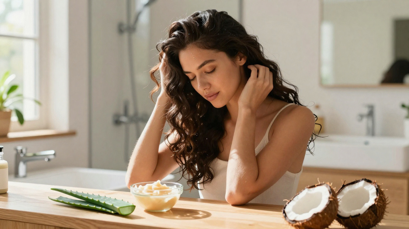 Mulher com cabelo cacheado cuidando da pele, com creme, folhas de babosa e coco cortado na bancada.