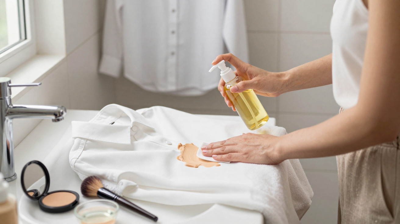 Pessoa usando produto removedor para tirar mancha de base de maquiagem em camisa branca sobre pia.