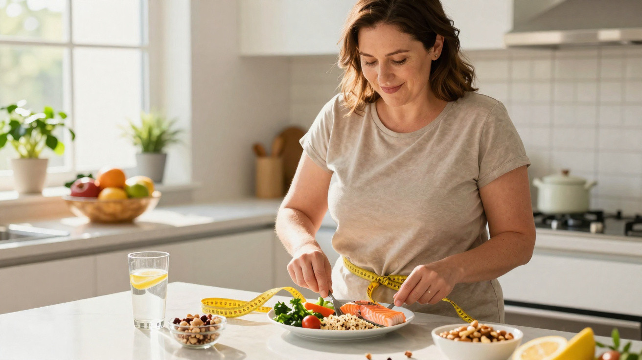 Mulher sorrindo monta prato saudável com legumes e salmão na cozinha, com fita métrica na cintura.
