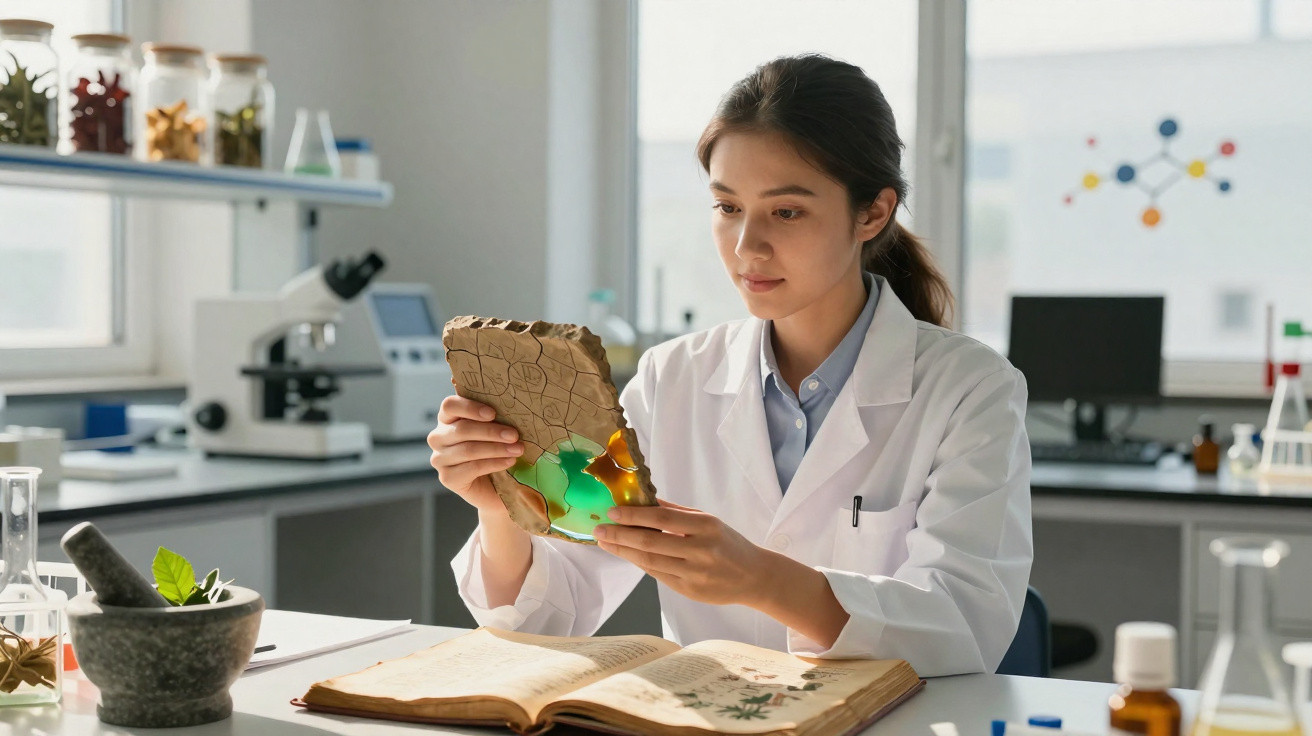 Pesquisadora em laboratório analisando fragmento de artefato antigo com livro aberto à frente.