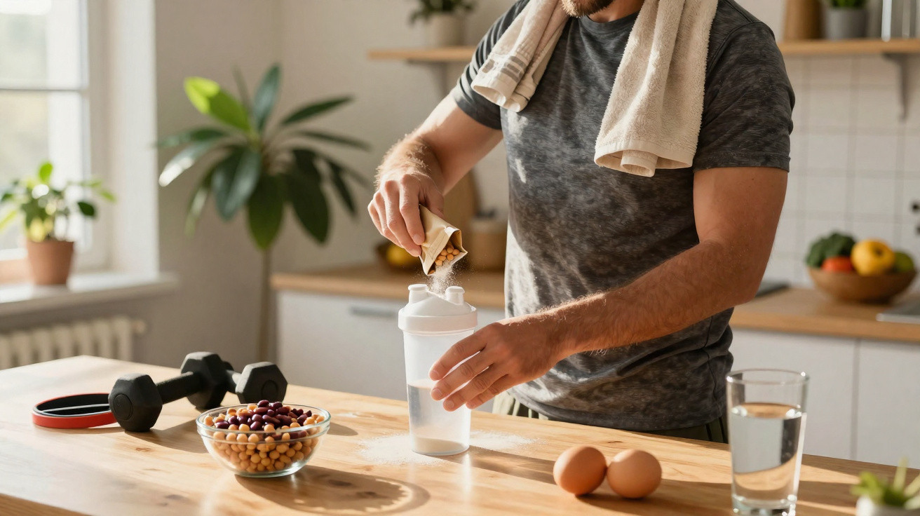Homem preparando suplemento em pó com toalha no pescoço em cozinha com frutas e halteres ao fundo.