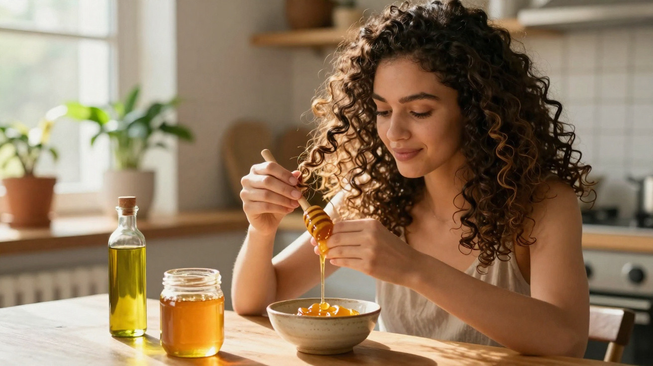 Mulher sorridente com cabelo cacheado despejando mel em uma tigela na cozinha ensolarada.