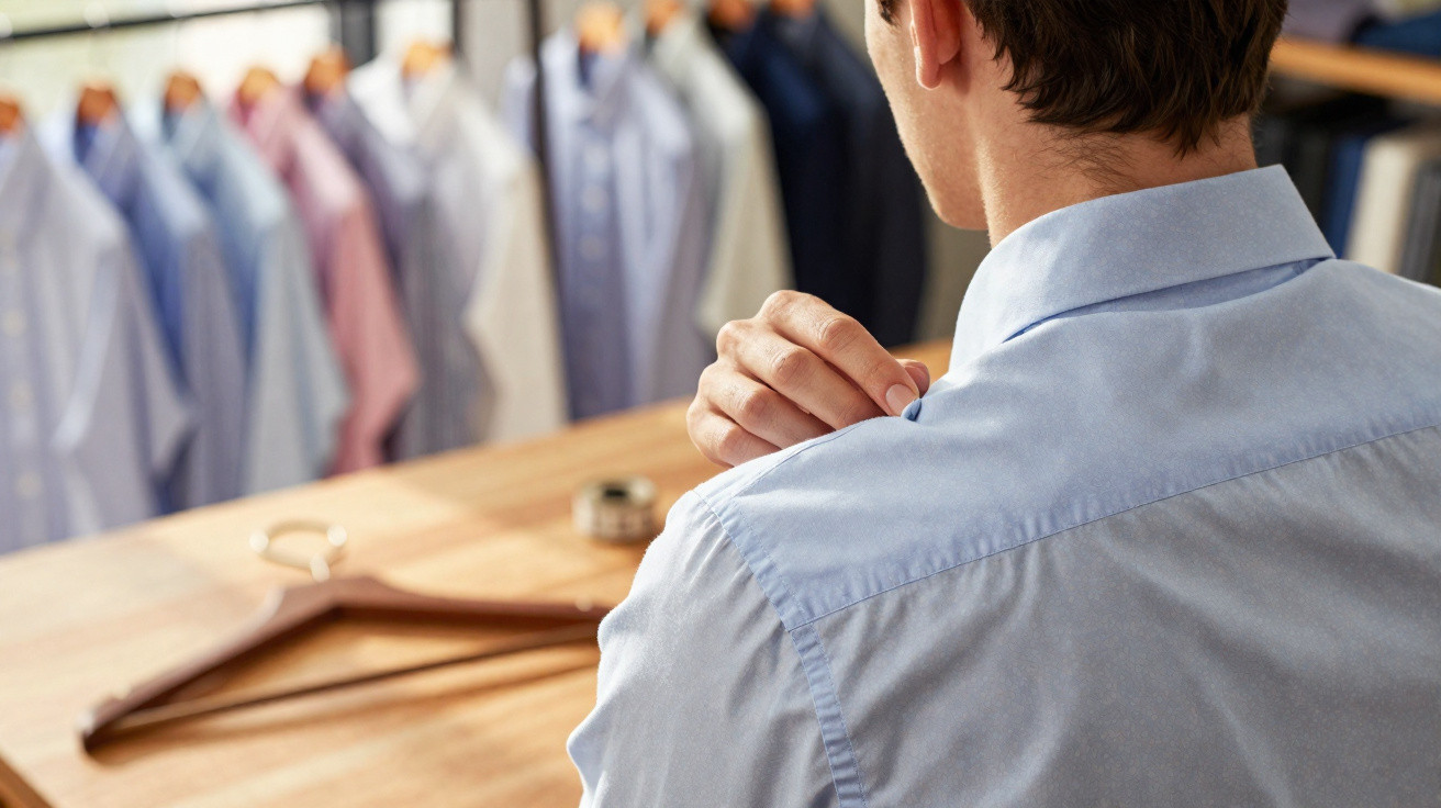 Homem de camisa azul ajusta a gola em frente a um cabideiro com várias camisas penduradas.