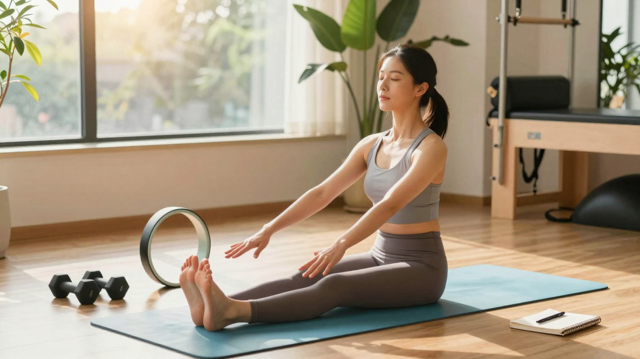 Mulher fazendo alongamento sentada em tapete de yoga em ambiente iluminado com pesos e acessórios ao redor.