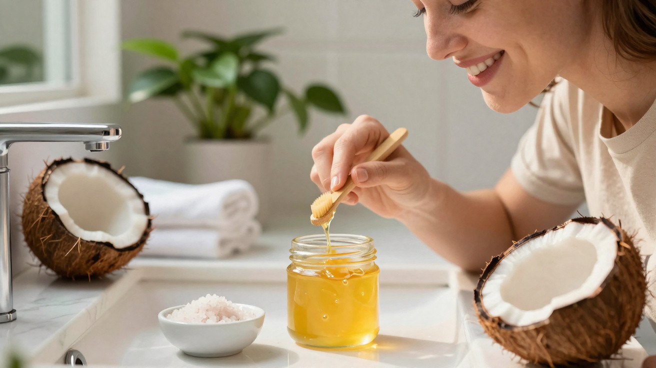 Mulher sorrindo usa escova de dentes de bambu com mel ao lado de coco aberto e tigela de sal em banheiro.