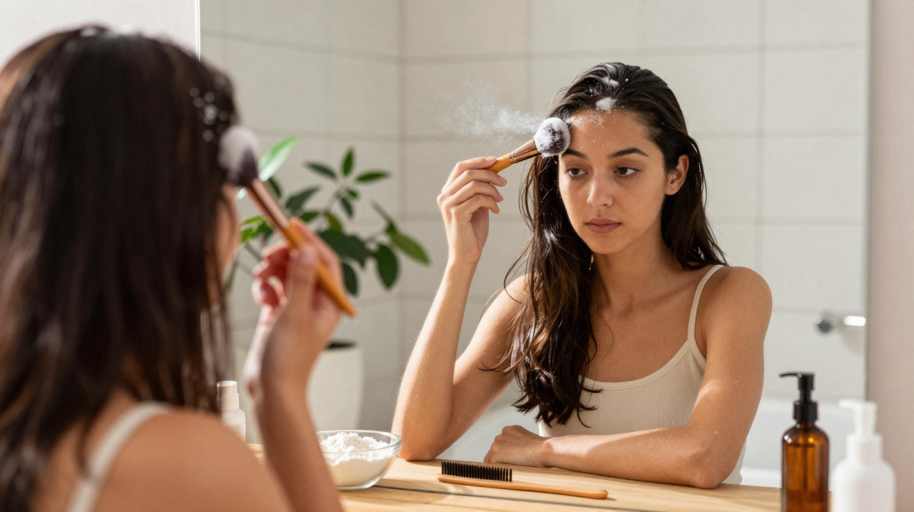 Mulher aplicando máscara facial branca no rosto com pincel enquanto se olha no espelho do banheiro.