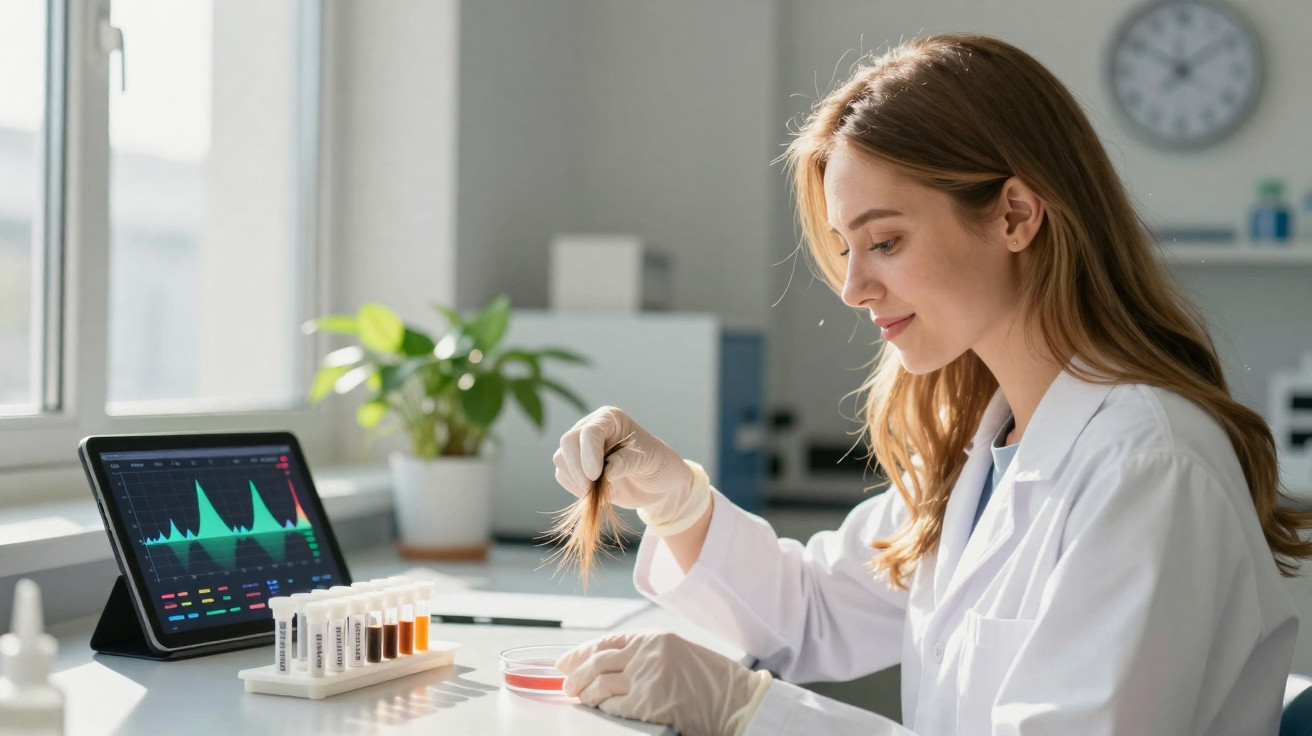 Mulher cientista em laboratório analisando amostra de cabelo com luvas e jaleco branco.