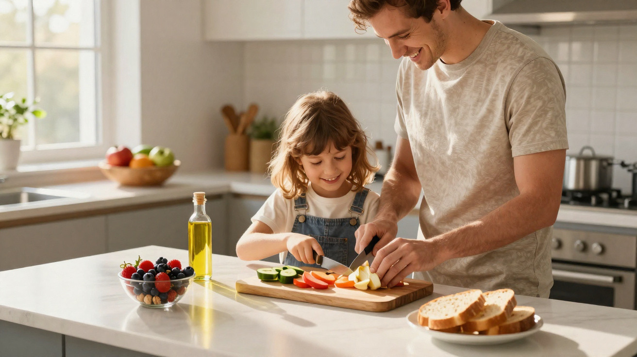 Pai e filha cortando frutas juntos na cozinha em um dia ensolarado.