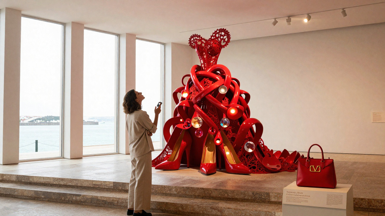 Mulher observa escultura vermelha grande feita de sapatos e formas abstratas em galeria com janela para o mar.