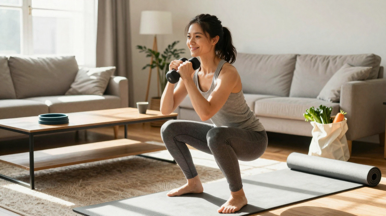 Mulher sorridente fazendo exercícios com halteres em tapete de yoga na sala de estar.