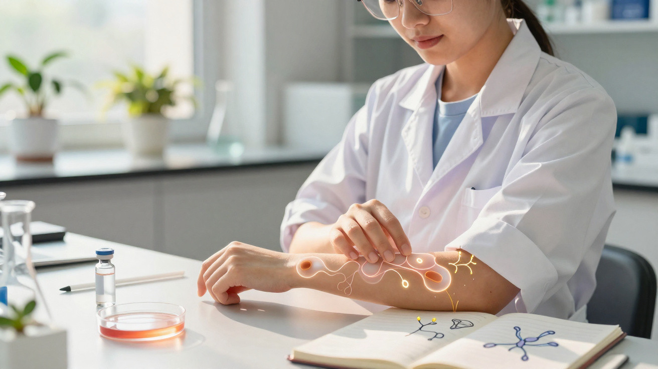 Mulher cientista analisando braço com projeção digital de células em laboratório moderno.