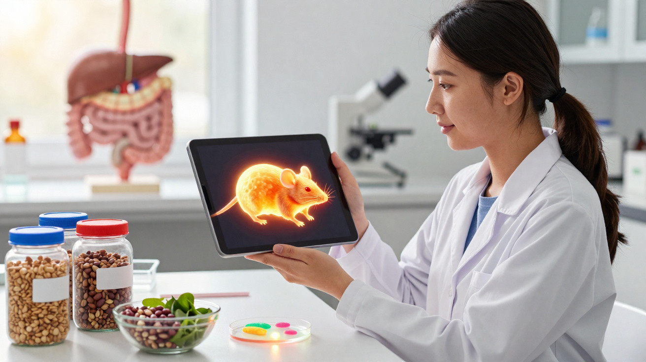 Pesquisadora em laboratório segurando tablet com imagem digitalizada de rato para estudo científico.