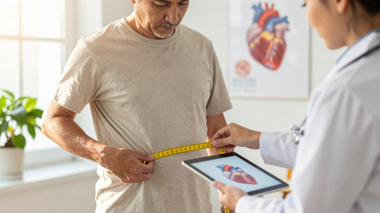 Homem sendo medido na cintura por médica em consulta com imagem de coração ao fundo.