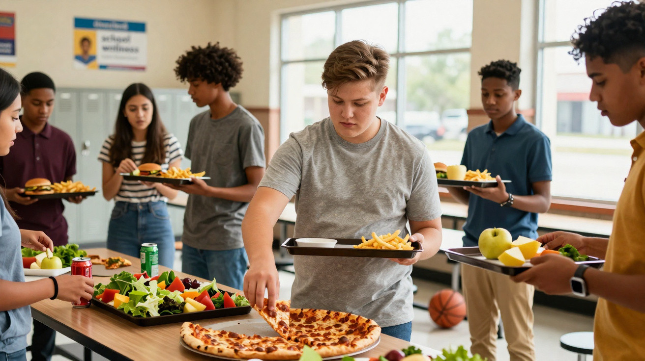 Adolescentes em refeitório escolar servindo pizza, hambúrguer, frutas e salada em bandejas.