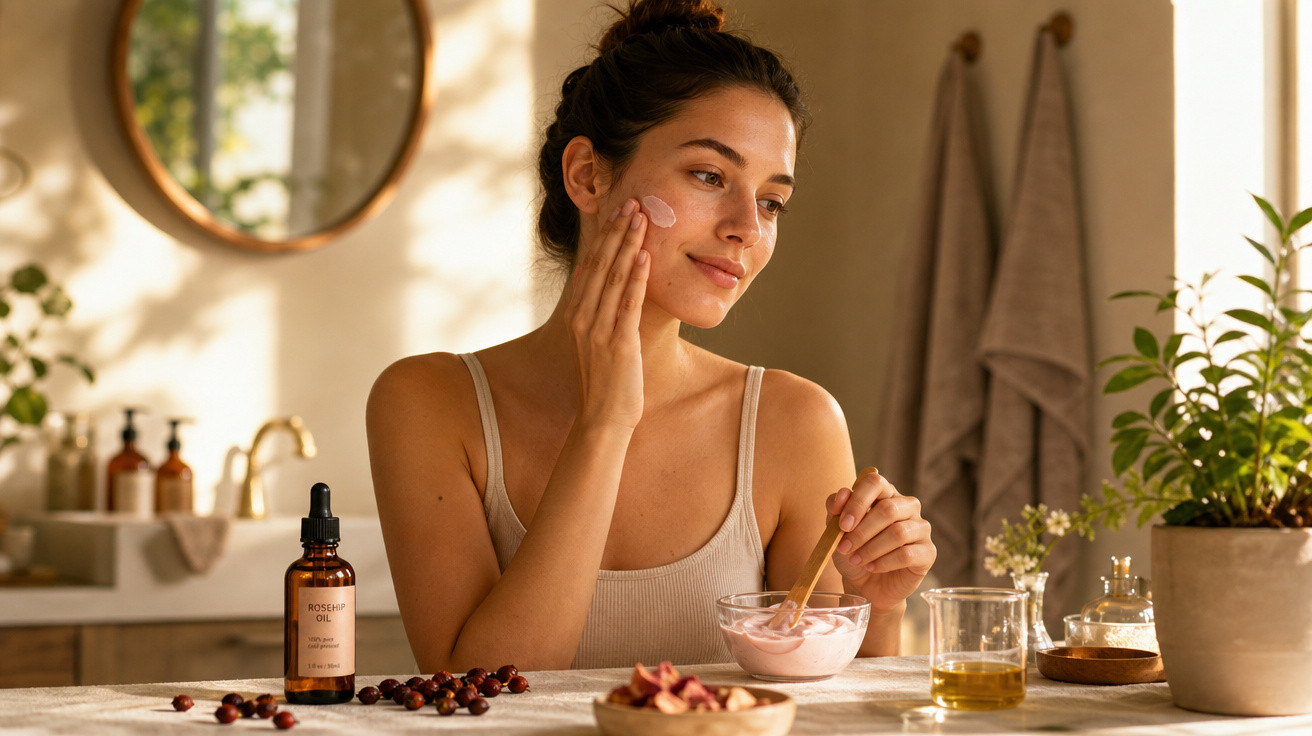 Mulher aplicando creme facial em ambiente iluminado, com óleo e plantas decorando a mesa à sua frente.