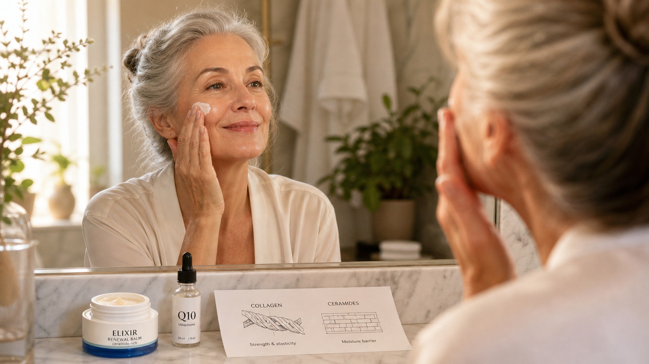 Mulher madura aplicando creme facial em frente ao espelho no banheiro iluminado.