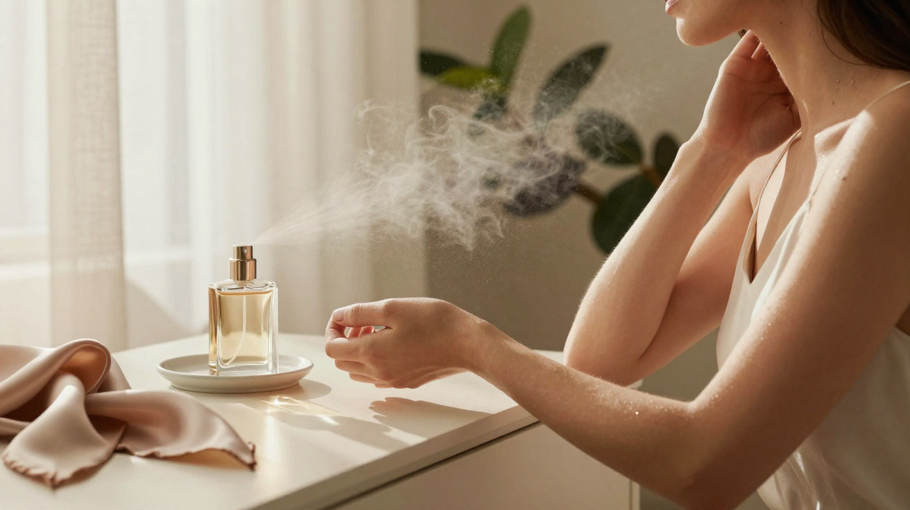 Mulher borrifando perfume no pulso em ambiente iluminado com planta ao fundo e tecido sobre a mesa.