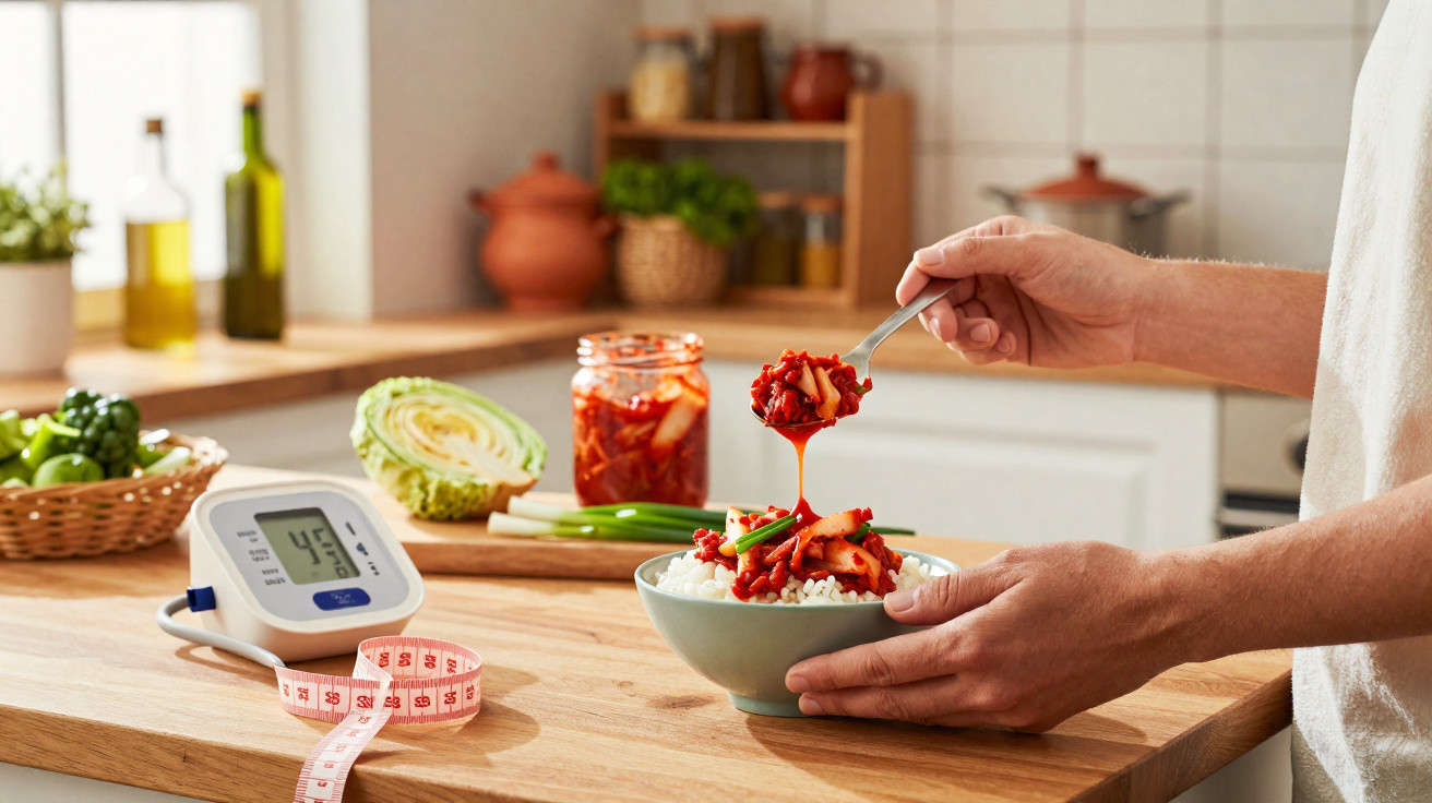 Pessoa colocando kimchi em tigela com arroz sobre bancada de cozinha com medidor de glicose e fita métrica.