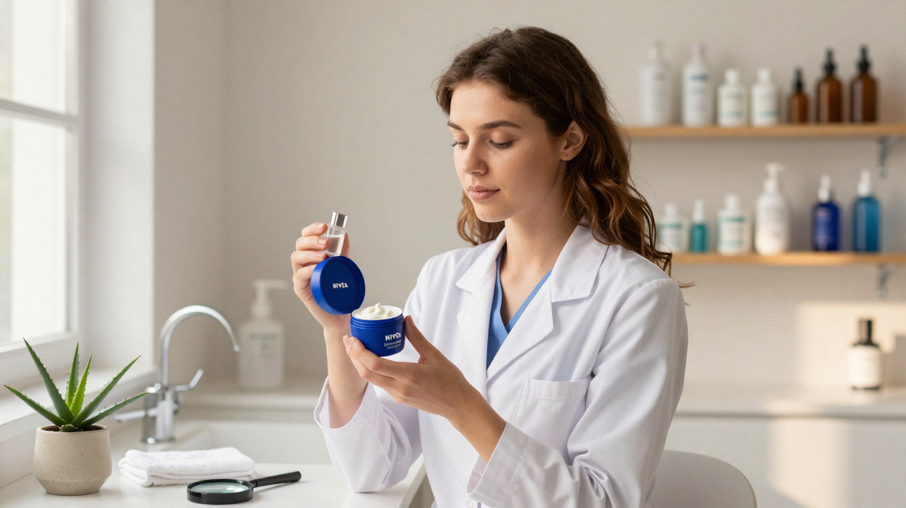 Mulher com jaleco branco segurando pote de creme facial e frasco de perfume em ambiente clínico.