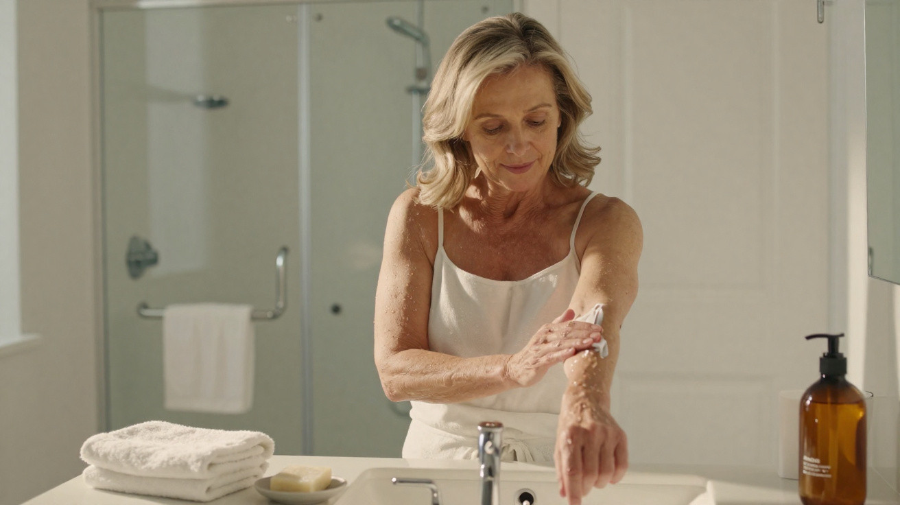 Mulher aplicando creme no braço, em banheiro claro, ao lado de toalhas e sabonete.