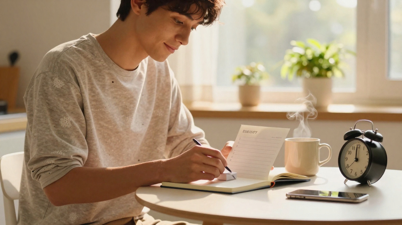 Jovem sentado à mesa escrevendo em um caderno com xícara de café, despertador e celular ao lado.