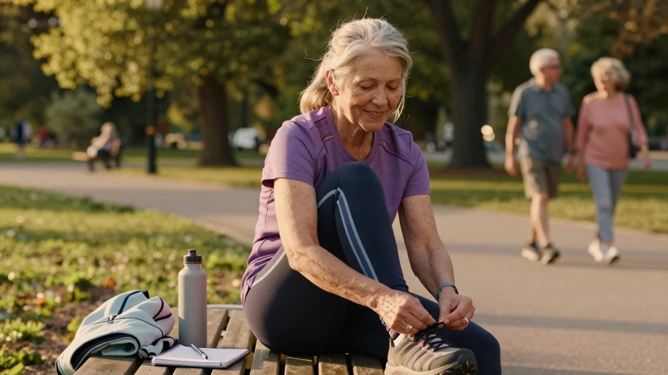 Mulher idosa amarrando tênis sentada em banco no parque ao pôr do sol, com garrafa e bloco ao lado.