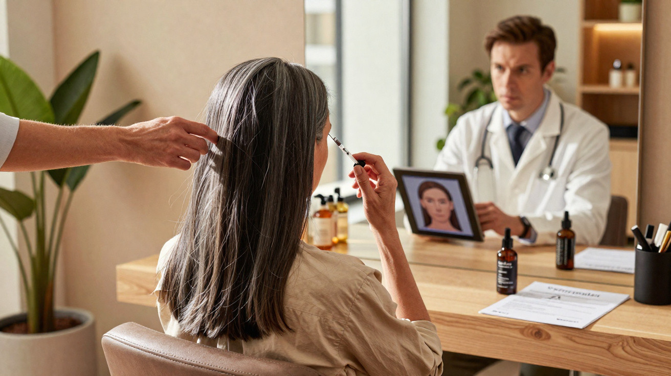 Mulher consultando dermatologista que analisa rosto em tablet durante exame de pele.