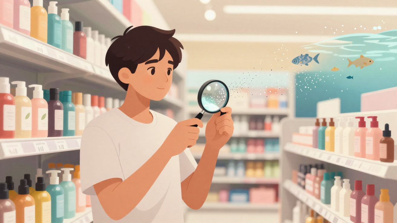 Jovem observa com lupa peixes flutuando entre prateleiras de produtos em loja iluminada.