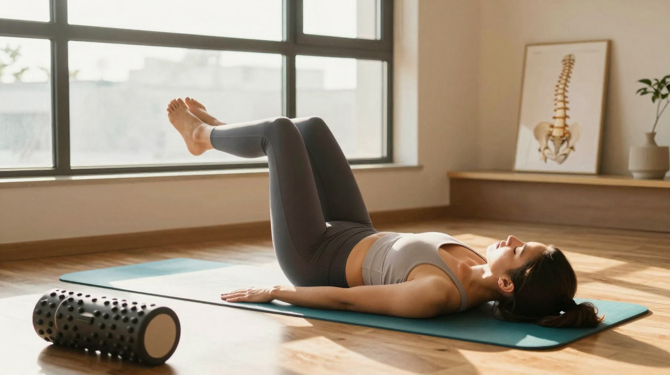 Mulher fazendo exercício de fortalecimento do core em tapete de yoga, com rolo de massagem ao lado.