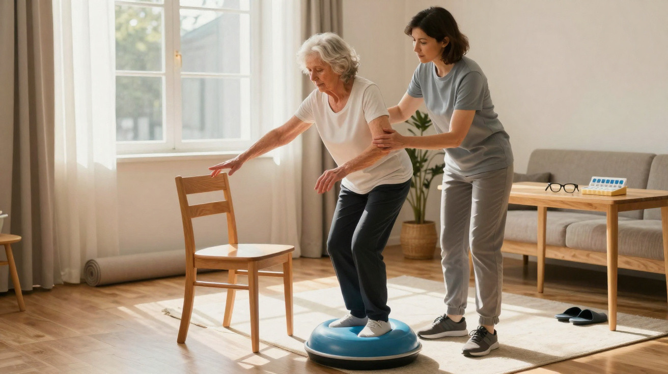 Mulher idosa equilibrando-se em plataforma de exercício com apoio de cuidadora em sala iluminada.