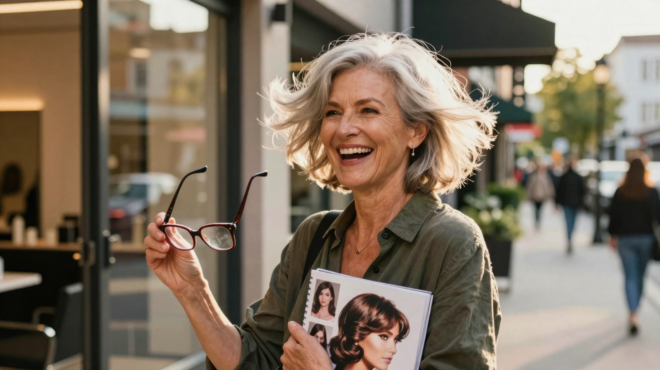 Mulher sorridente com cabelo grisalho segurando óculos e revista de moda em rua movimentada.