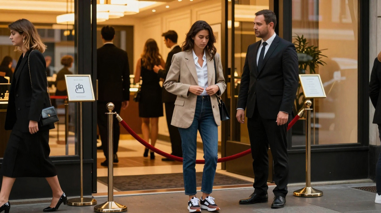 Mulher de blazer bege e homem de terno preto conversam em frente a entrada elegante de evento.