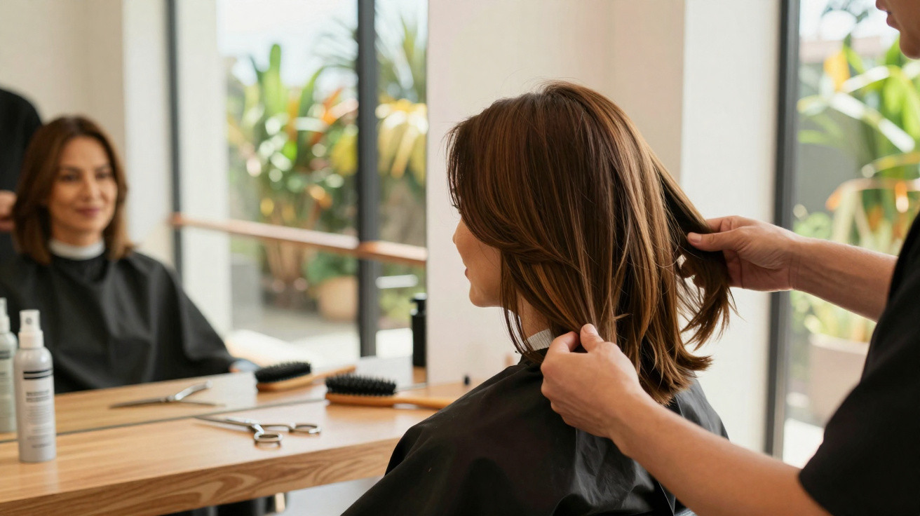 Mulher em salão de beleza sentada na cadeira enquanto cabeleireiro verifica o cabelo dela.