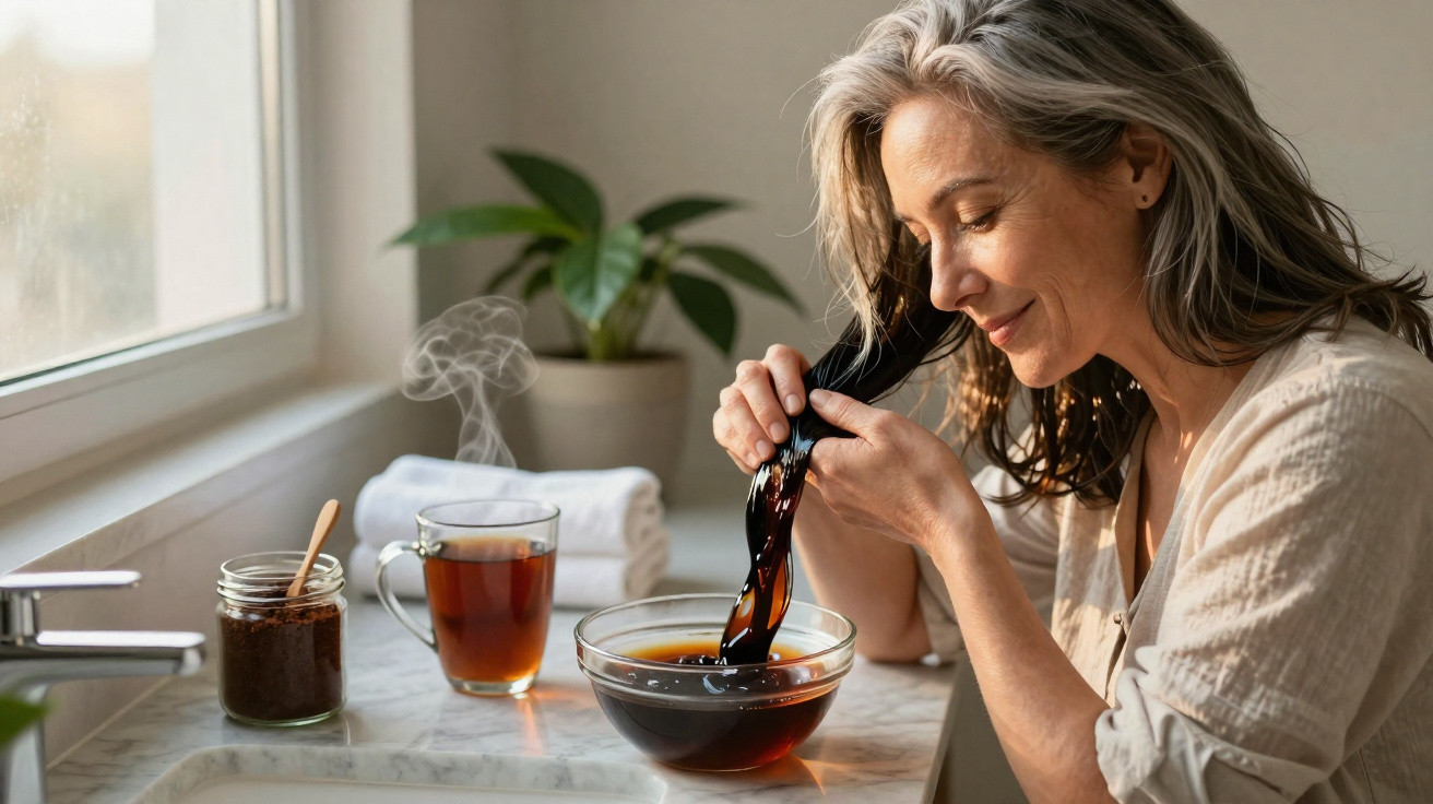Mulher aplicando tratamento caseiro de café nos cabelos sentada à mesa perto da janela.
