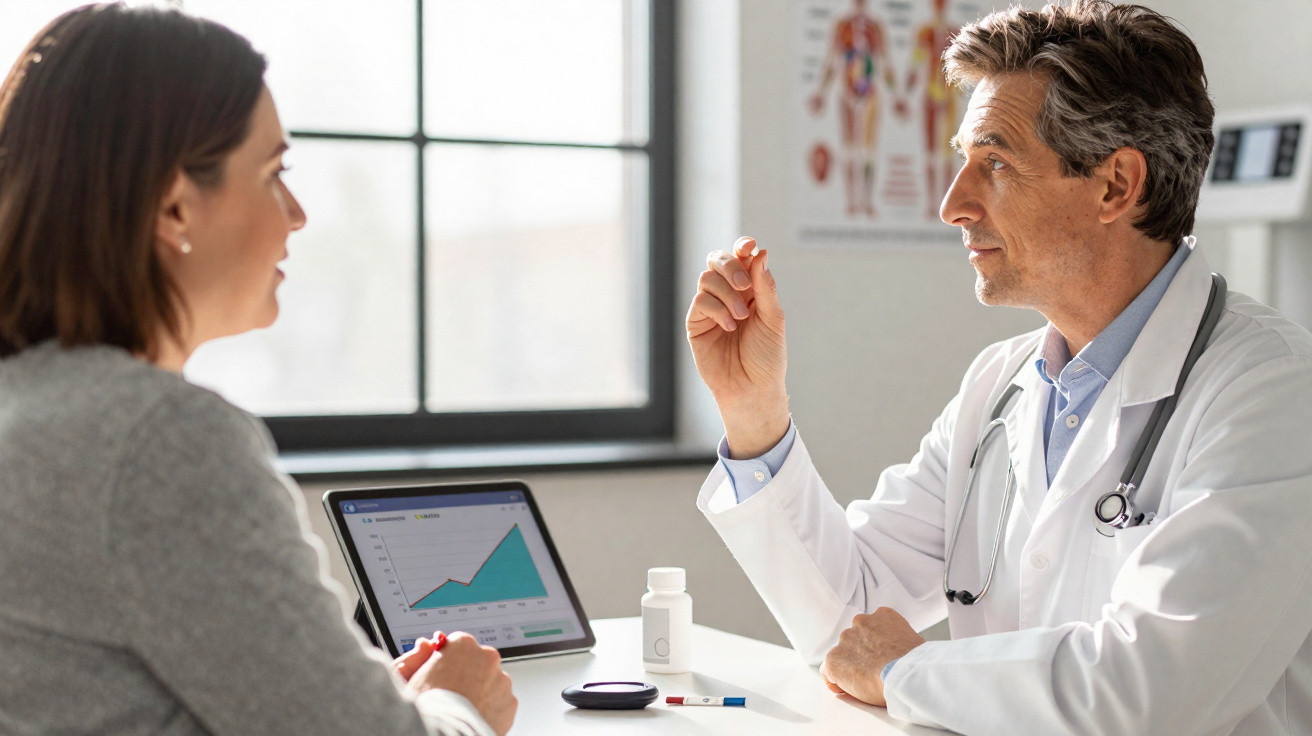 Médico conversando com paciente enquanto segura um comprimido em consultório com tablet e remédios na mesa.