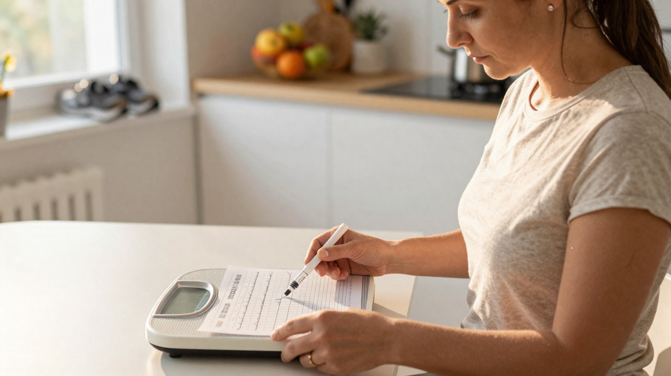 Mulher anotando resultados em uma planilha apoiada em balança digital na cozinha.