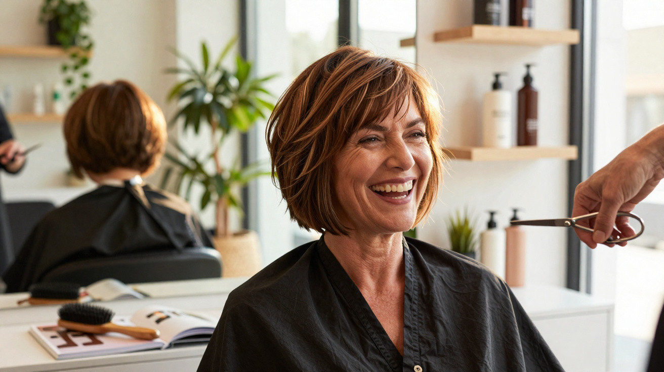 Mulher sorridente com cabelo curto castanho em uma cadeira de salão, pronta para corte de cabelo.