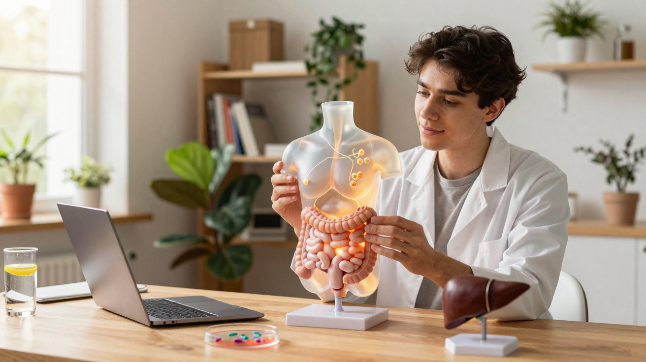 Jovem cientista analisa modelo transparente do sistema digestivo em escritório iluminado e moderno.