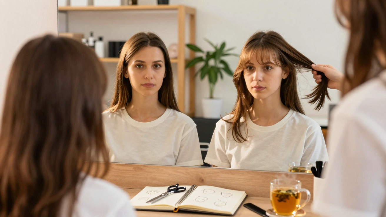 Duas mulheres sentadas em frente a um espelho com uma mão segurando o cabelo de uma delas.