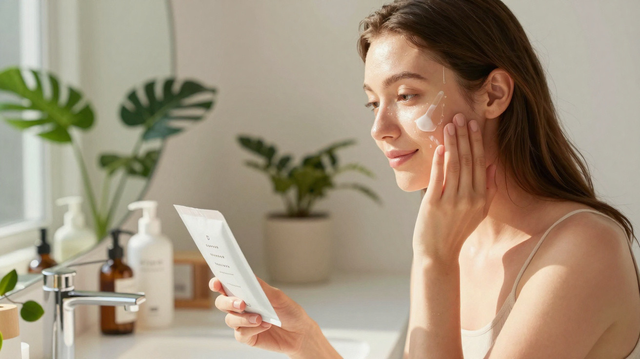 Mulher aplicando creme facial no rosto enquanto lê instruções em ambiente iluminado com plantas ao fundo.
