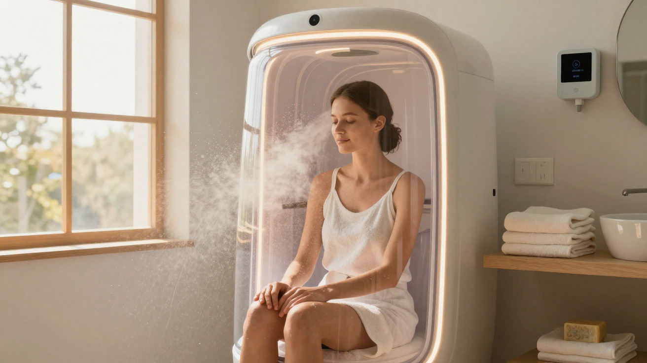 Mulher sentada em cabine de vapor facial, com olhos fechados, em ambiente iluminado e minimalista.