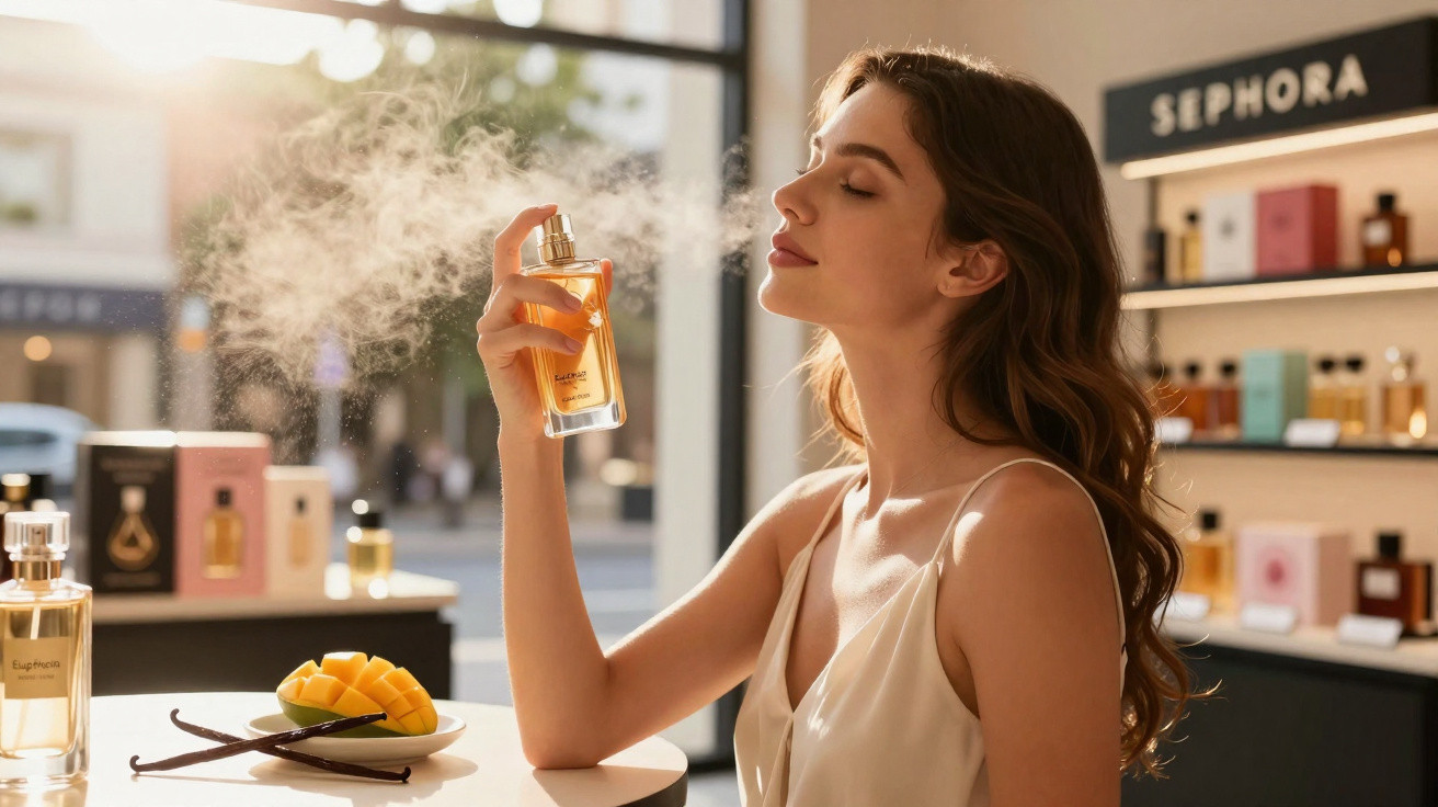 Mulher aplica perfume em loja Sephora, com fatias de manga e vagens de baunilha na mesa.
