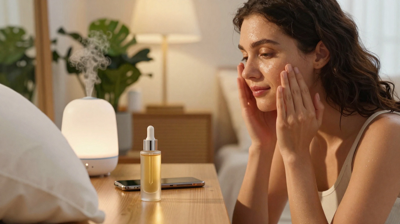 Mulher aplica sérum facial em ambiente aconchegante com difusor e celular sobre a mesa.