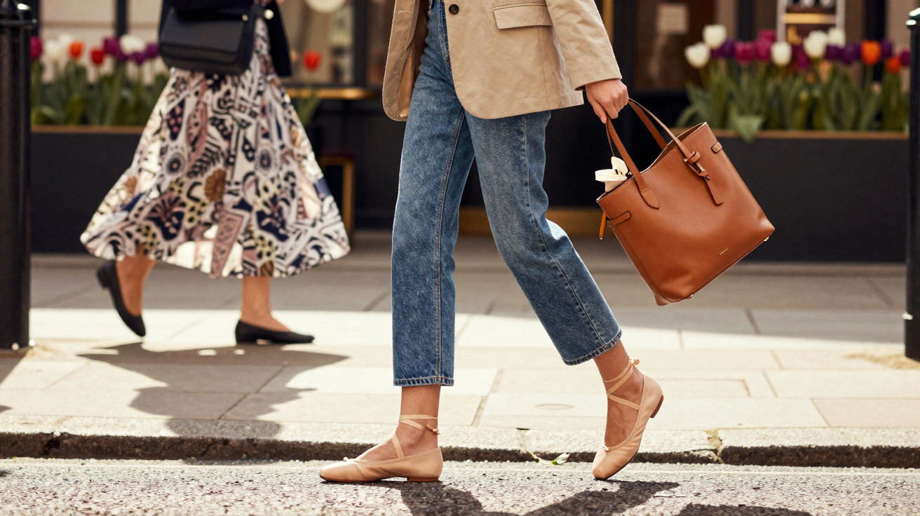 Pessoa caminhando na calçada com calça jeans, blazer bege, sapatos nude e bolsa marrom.