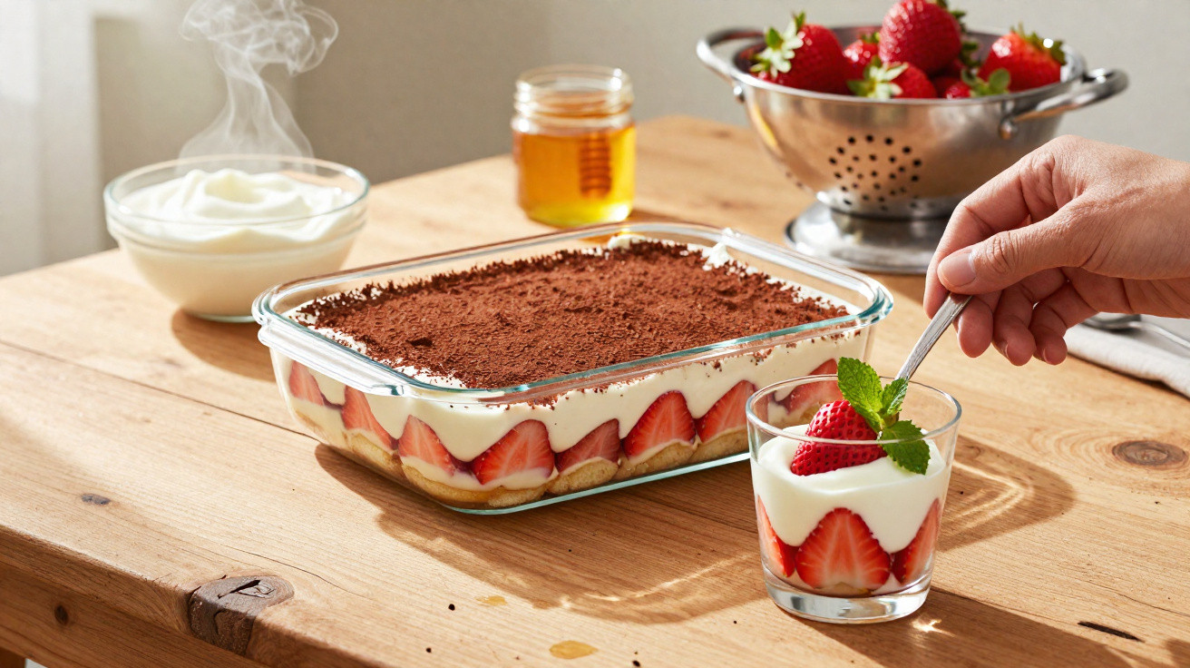 Sobremesa cremosa com morangos, cacau em pó, mel e creme sobre mesa de madeira clara.
