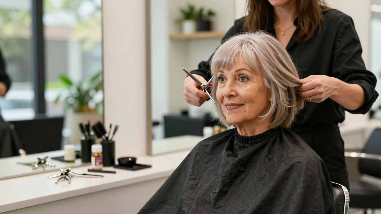 Mulher idosa sorrindo enquanto cabeleireira corta seu cabelo em salão de beleza.